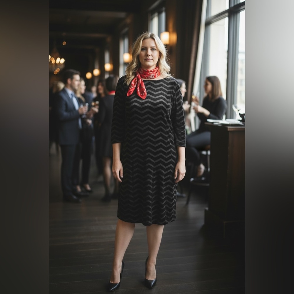 Black velvet chevron striped dress